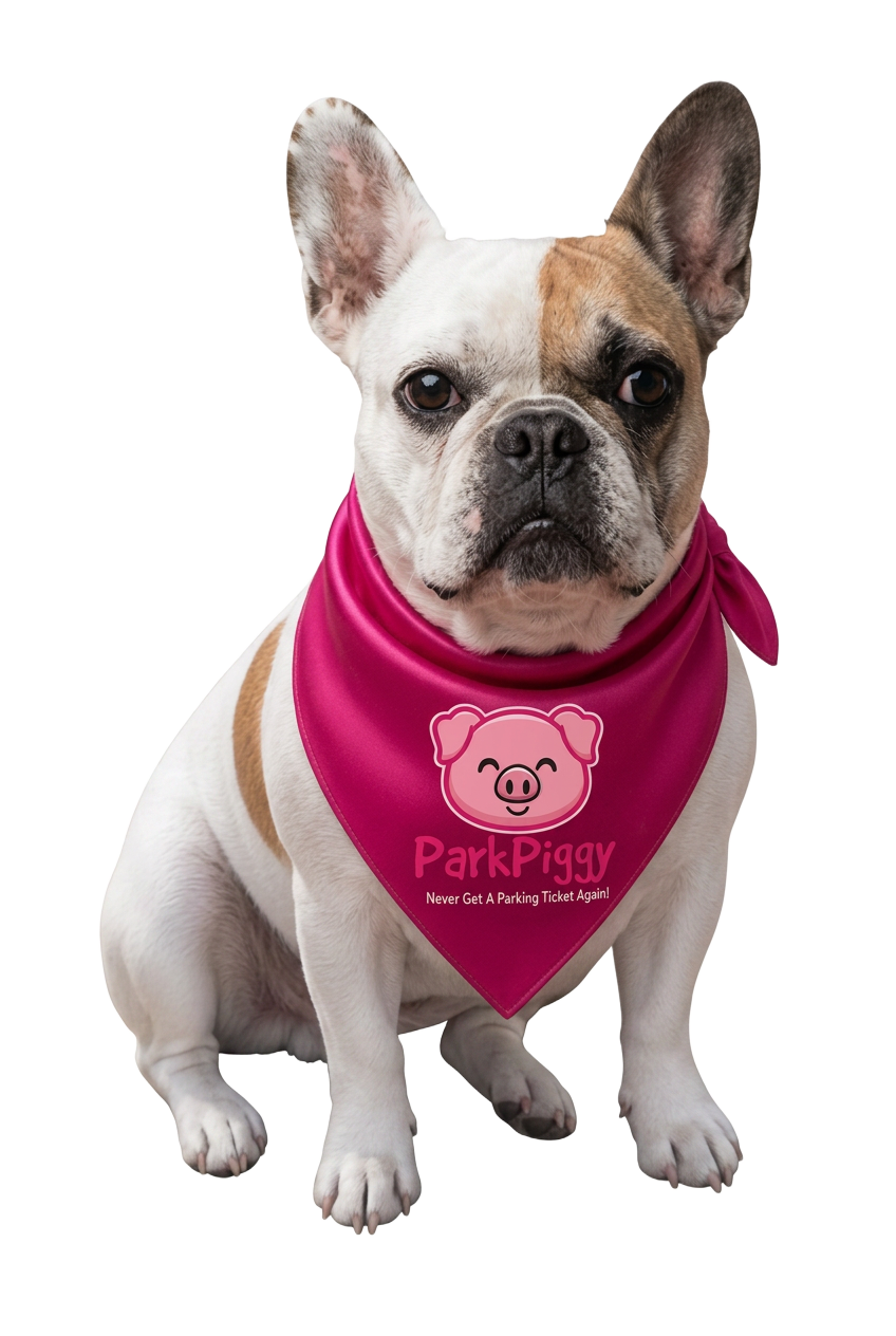 Stella the French Bulldog in her pink ParkPiggy bandana, giving her full bombastic side-eye